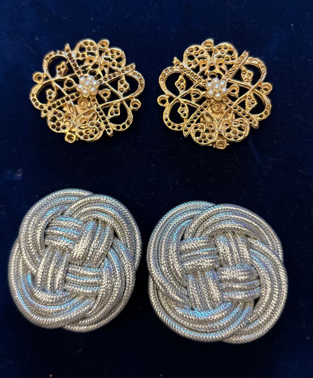 Vintage Lot 2 Shoe Clips Silver Love Knot Gold Metal Pearls Filagree 1.75 1.5